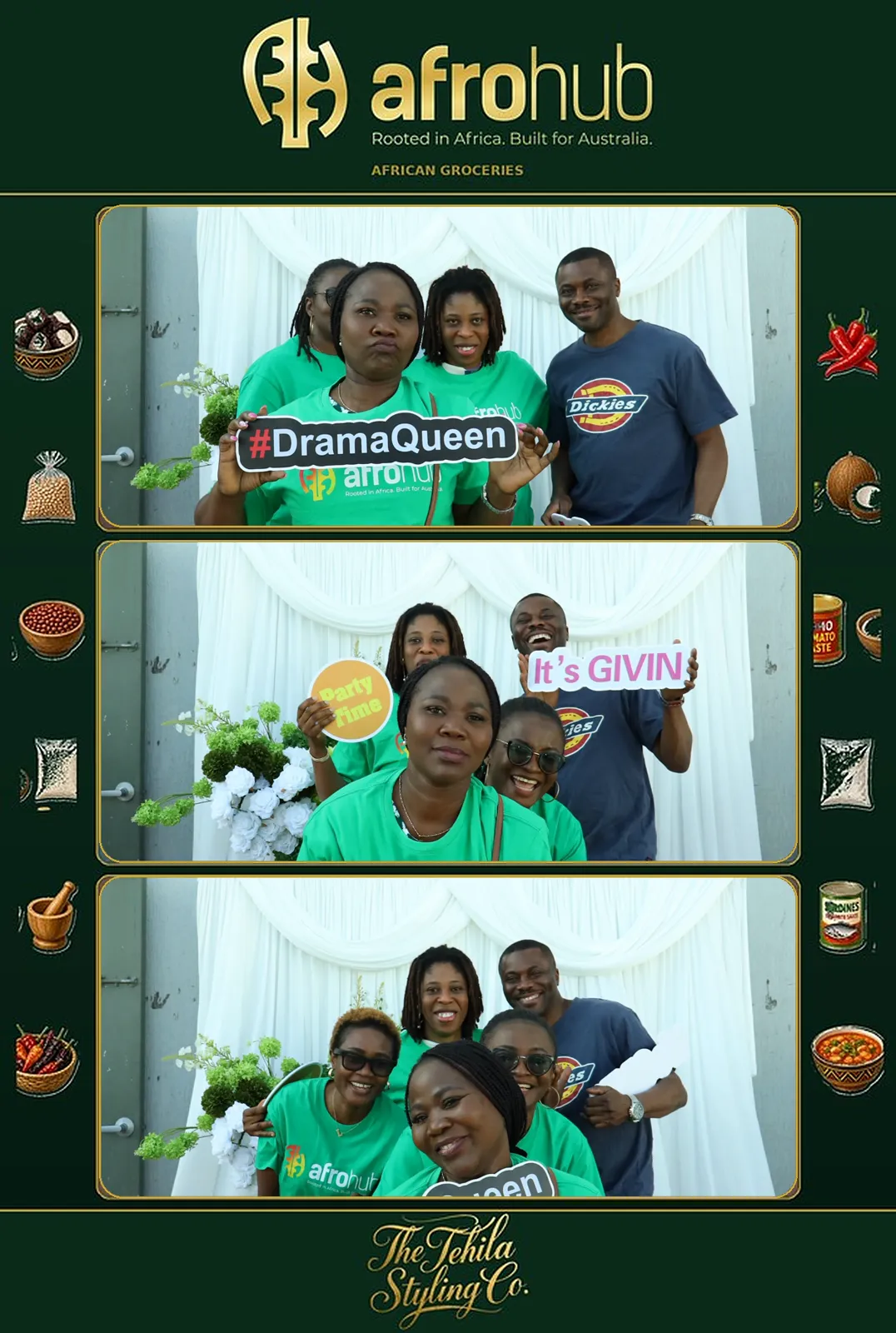 Three-frame Afrohub photobooth strip with guests in green afrohub shirts, a #DramaQueen sign, and The Tehila Styling Co footer