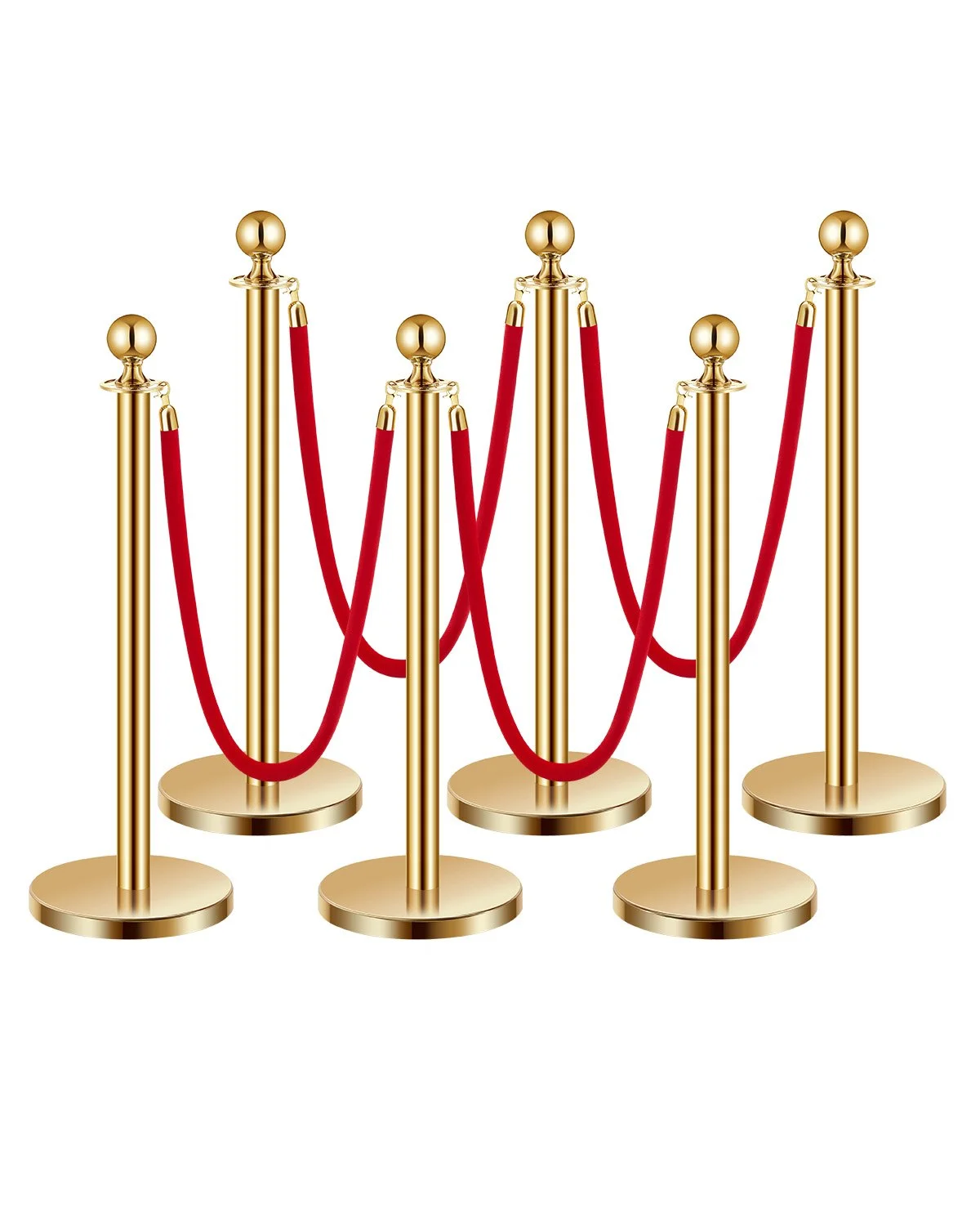 Six gold stanchion posts linked by red velvet ropes